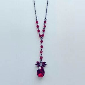 Designer Givenchy Y-Lariat, Teardrop Necklace in Gunmetal w/Red Gemstones 15-18"